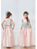Pink Taffeta Ankle Length Wedding Flower Girl Dress With Feathers